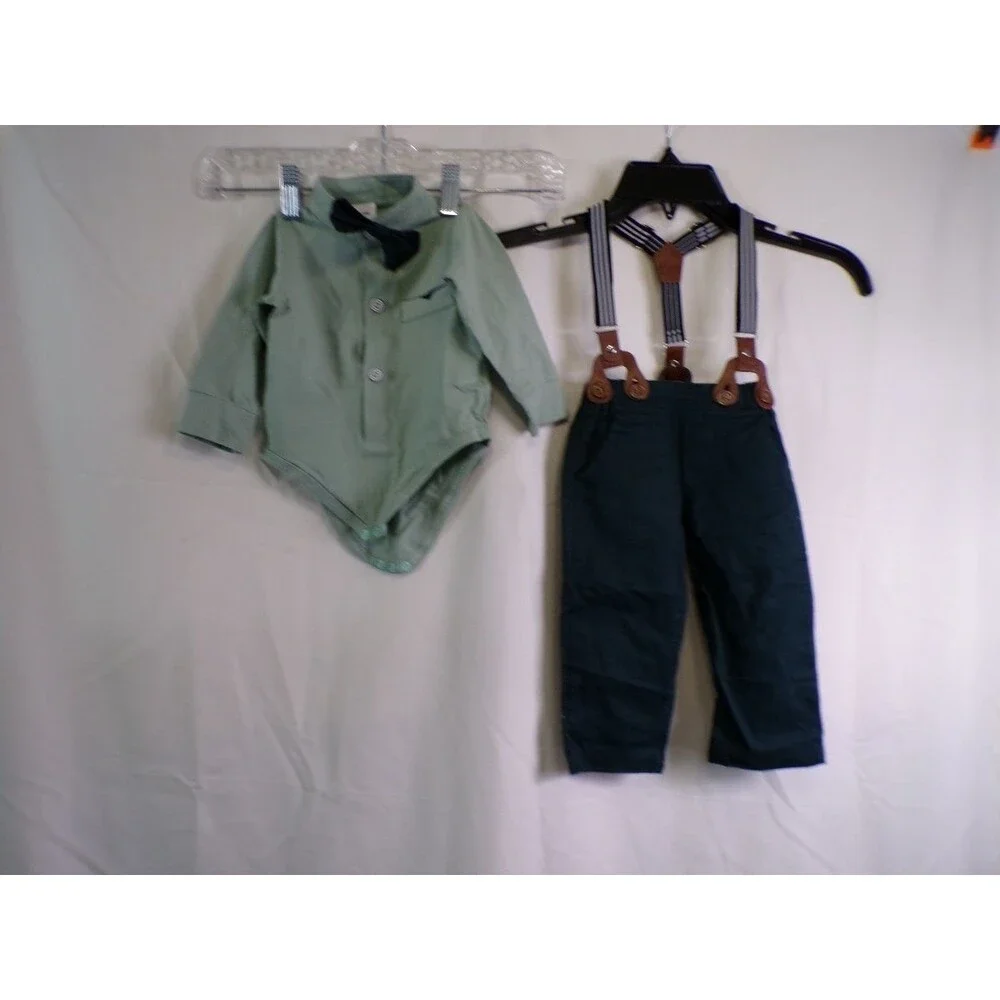 Baby Green Long Sleeve Button-Up with Attached Bow Tie 3-6M